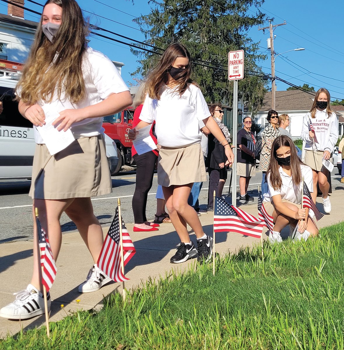 FLAGS PLACED: St. Rocco School students placed flags along the perimeter of the school, in memory of those lost on Sept. 11, 2001, 20 years ago.